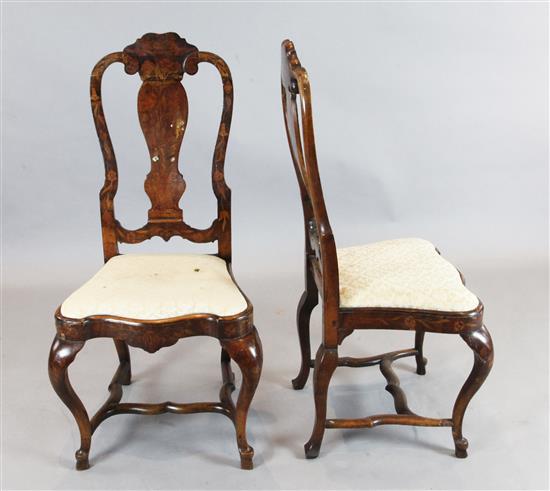 A pair of Dutch walnut and floral marquetry chairs, c.1730